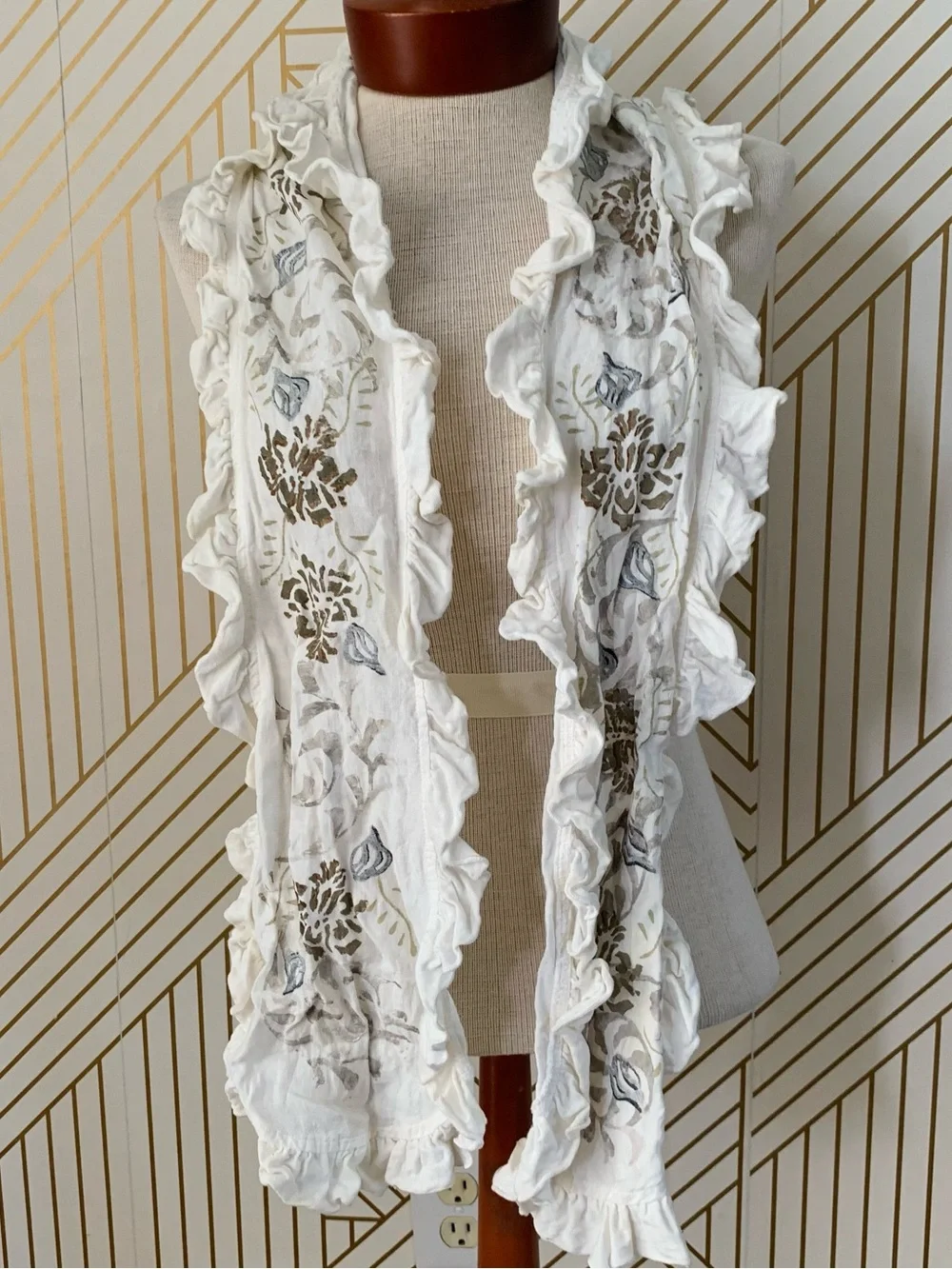 Blue Fish ruffle flutter hem Scarf cotton hand painted Lagenlook